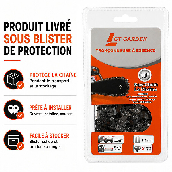 GT GARDEN - Guide 18 pouces (45 cm) avec chaîne 72 maillons pour tronçonneuse - large