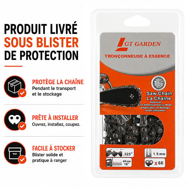 GT GARDEN - Guide 16 pouces (40 cm) avec chaîne 66 maillons pour tronçonneuse - large