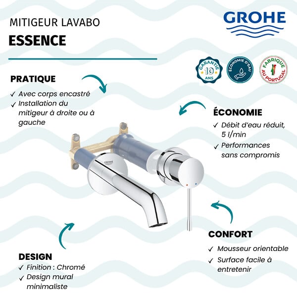GROHE - Mitigeur mural lavabo Essence Taille L chromé avec corps encastré - large
