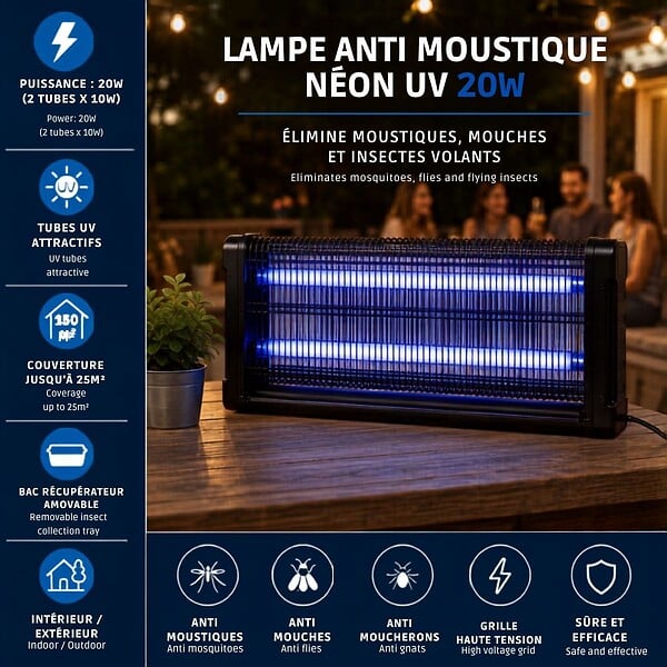 INTEC - Lampe Anti Moustique Néon UV 20W Intérieur/Extérieur Piège à Insectes 25m² Grille Haute Tension Anti Mouches Insectes volants - large