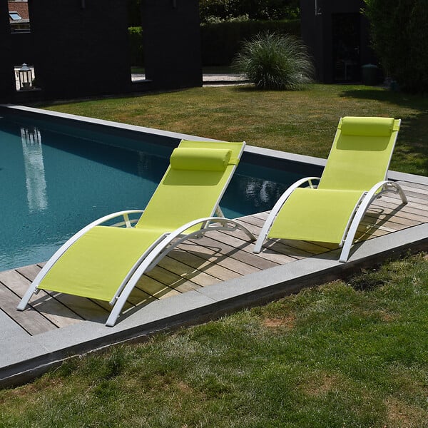 HAPPY GARDEN - Lot de 2 transats GALAPAGOS en textilène vert - aluminium blanc - large