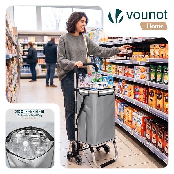 VOUNOT - Chariot de courses pliable monte escalier aluminium avec sac isotherme gris - large