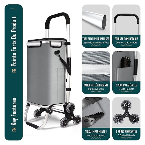 VOUNOT - Chariot de courses pliable monte escalier aluminium avec sac isotherme gris - large