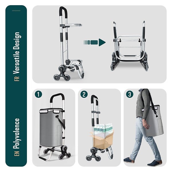 VOUNOT - Chariot de courses pliable monte escalier aluminium avec sac isotherme gris - large