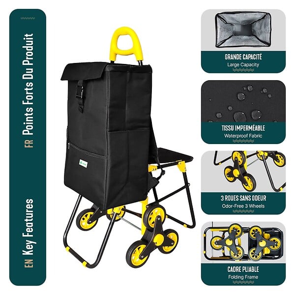 VOUNOT - Chariot de courses pliable avec siege Jaune - large