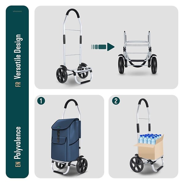 VOUNOT - Chariot de course pliable aluminium 2 roues bleu marine - large