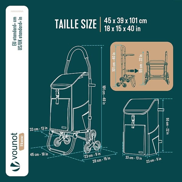 VOUNOT - Chariot de course pliable monte escalier aluminium avec crochets gris - large