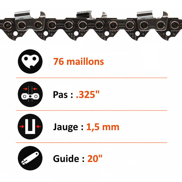 GT GARDEN - Guide 20 pouces (50 cm) avec chaîne 76 maillons pour tronçonneuse - large