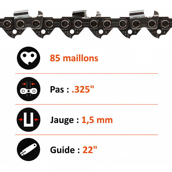 GT GARDEN - Lot de 3 chaînes 85 maillons pour tronçonneuse - large