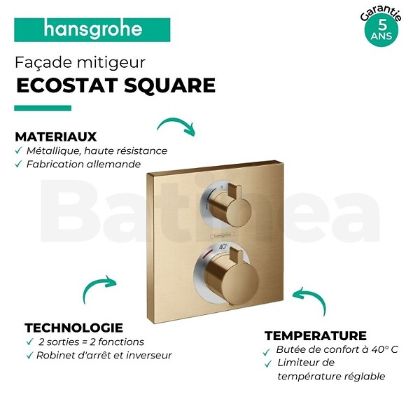 HANSGROHE - Facade thermostatique encastré Ecostat Square avec robinet d'arrêt et inverseur bronze brossé + corps encastré - large