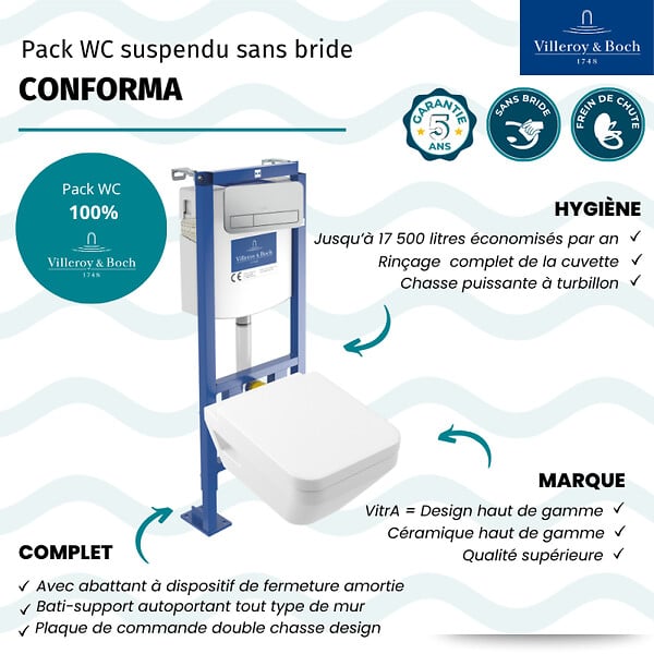 VILLEROY ET BOCH - Pack WC suspendu sans bride Architectura Twistflush [e³] rectangle + bâti-support ViConnect + plaque chrome mat - large