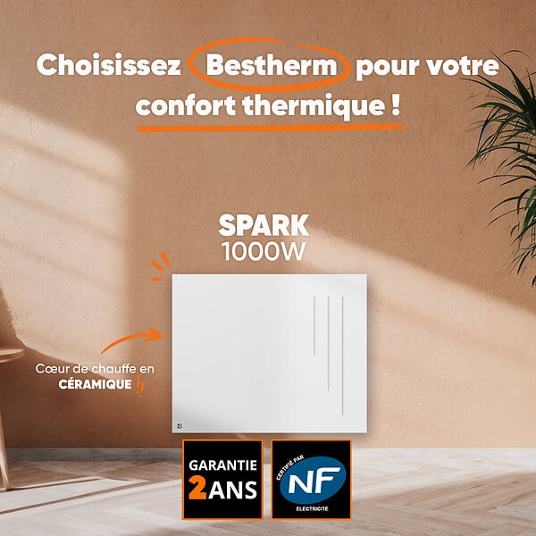 BESTHERM - Radiateur électrique fixe à inertie sèche céramique - BESTHERM - SPARK 1000W - horizontal blanc - NF - large