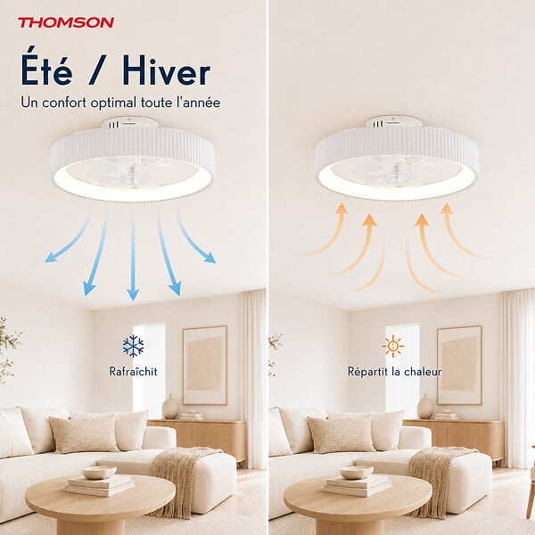 THOMSON - Ventilateur de plafond avec lumière THOMSON LILA avec 7 pales, diamètre de 50 cm et télécommande incluse - large