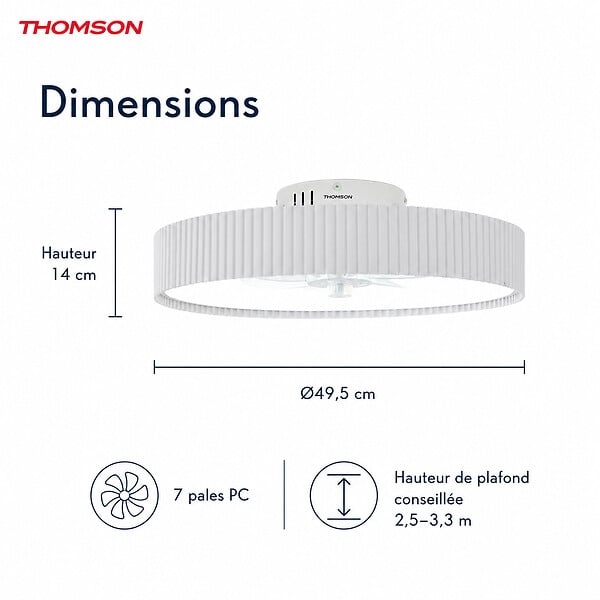 THOMSON - Ventilateur de plafond avec lumière THOMSON LILA avec 7 pales, diamètre de 50 cm et télécommande incluse - large
