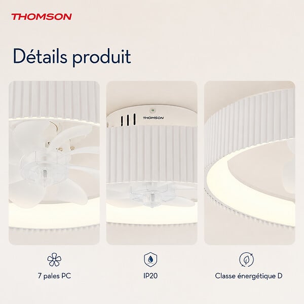 THOMSON - Ventilateur de plafond avec lumière THOMSON LILA avec 7 pales, diamètre de 50 cm et télécommande incluse - large
