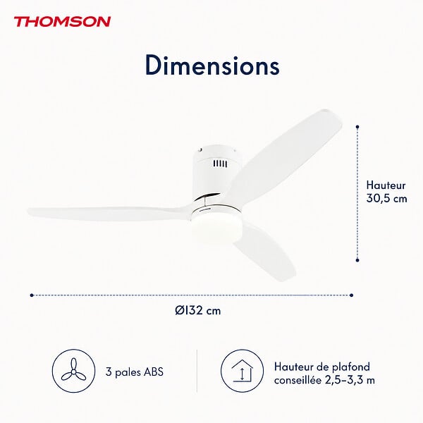 THOMSON - Ventilateur de plafond avec lumière THOMSON SARA avec 3 pales, diamètre de 132 cm et télécommande incluse - large