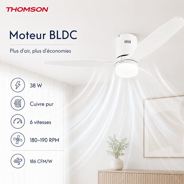 THOMSON - Ventilateur de plafond avec lumière THOMSON SARA avec 3 pales, diamètre de 132 cm et télécommande incluse - large