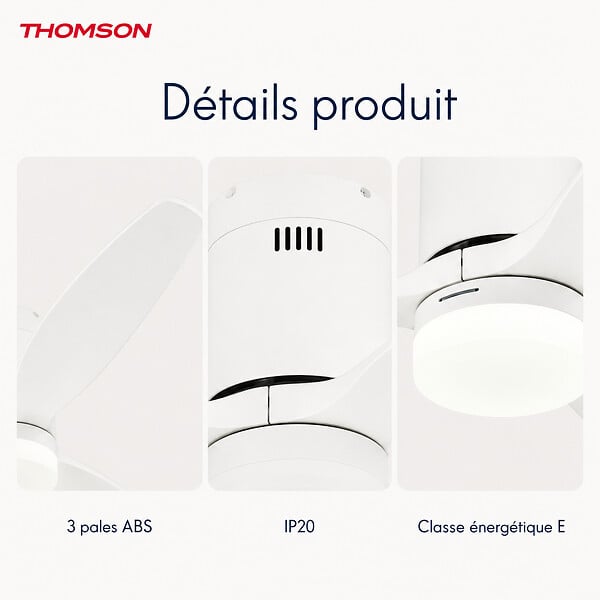 THOMSON - Ventilateur de plafond avec lumière THOMSON SARA avec 3 pales, diamètre de 132 cm et télécommande incluse - large
