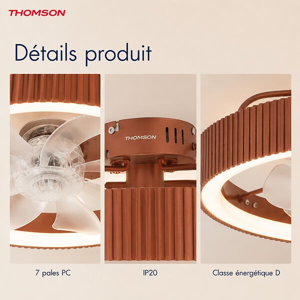THOMSON - Ventilateur de plafond avec lumière THOMSON MIRA avec 7 pales, diamètre de 50 cm et télécommande incluse - large