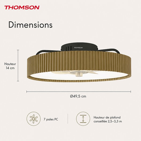 THOMSON - Ventilateur de plafond avec lumière THOMSON ALMA avec 7 pales, diamètre de 50 cm et télécommande incluse - large