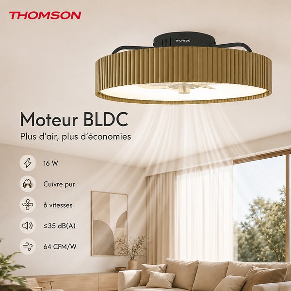 THOMSON - Ventilateur de plafond avec lumière THOMSON ALMA avec 7 pales, diamètre de 50 cm et télécommande incluse - large