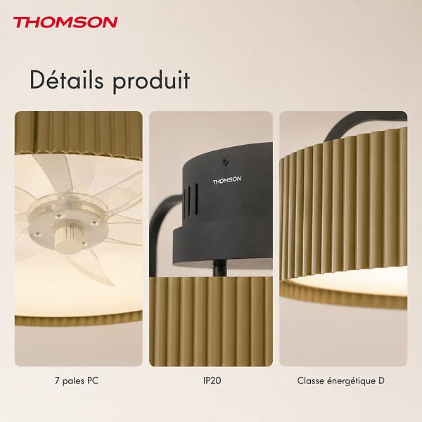 THOMSON - Ventilateur de plafond avec lumière THOMSON ALMA avec 7 pales, diamètre de 50 cm et télécommande incluse - large