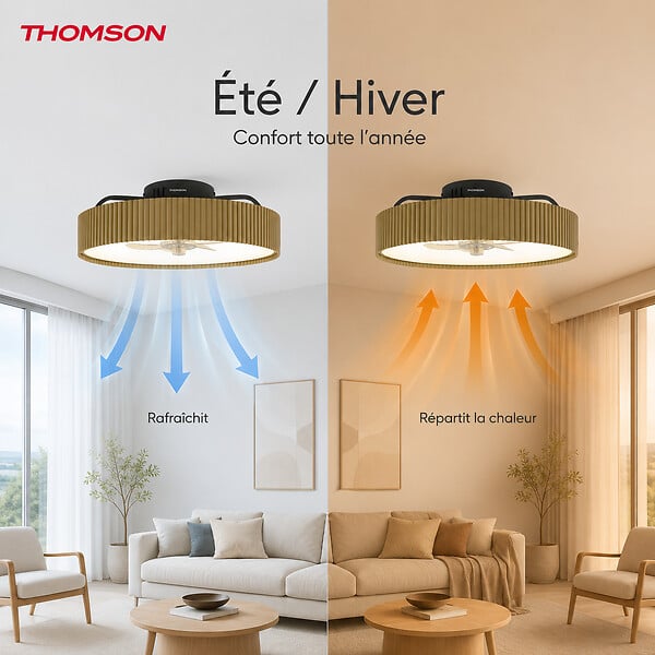 THOMSON - Ventilateur de plafond avec lumière THOMSON ALMA avec 7 pales, diamètre de 50 cm et télécommande incluse - large