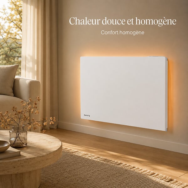 HOM'Y - Radiateur électrique fixe connecté WiFi à inertie sèche céramique - HOM'Y - ORPHEE CONNECT 1000W - horizontal blanc - NF - large