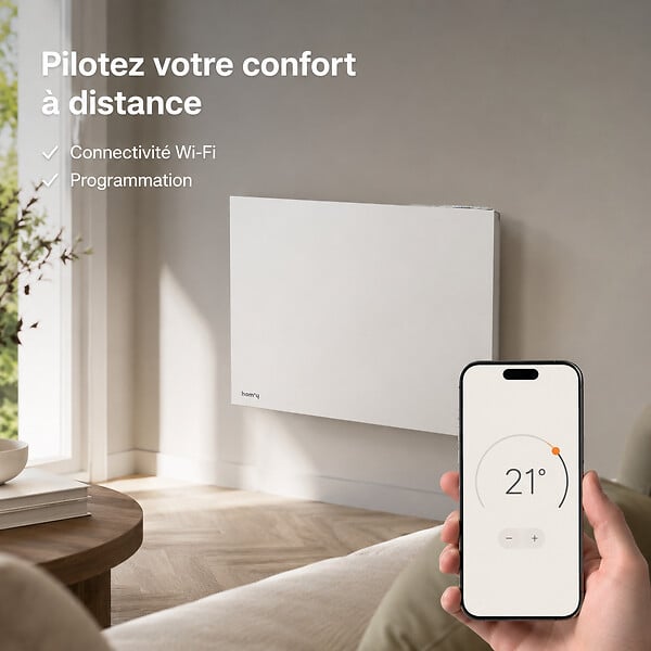 HOM'Y - Radiateur électrique fixe connecté WiFi à inertie sèche céramique - HOM'Y - ORPHEE CONNECT 1000W - horizontal blanc - NF - large