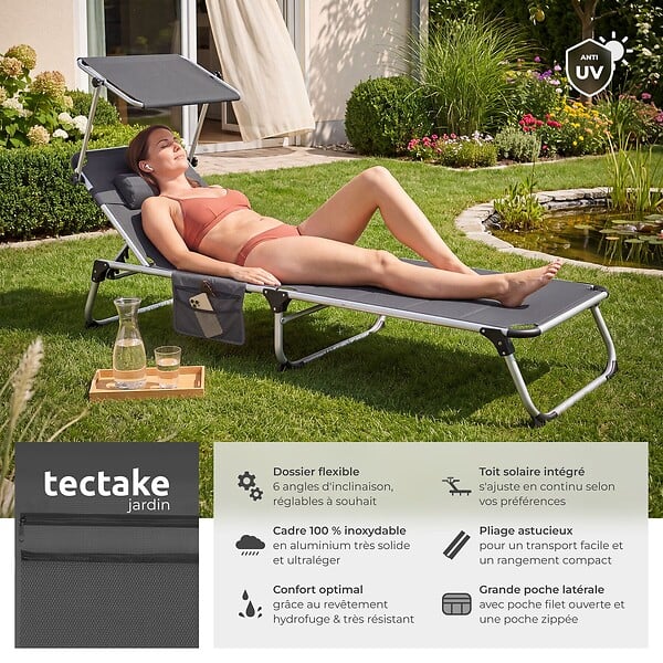 TECTAKE - Chaise longue en aluminium rembourrée pliable avec l'accent dossier réglable en 6 positions et poche latérale gris - large
