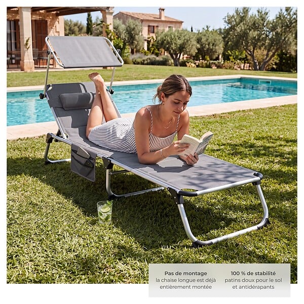TECTAKE - Chaise longue en aluminium rembourrée pliable avec l'accent dossier réglable en 6 positions et poche latérale gris - large