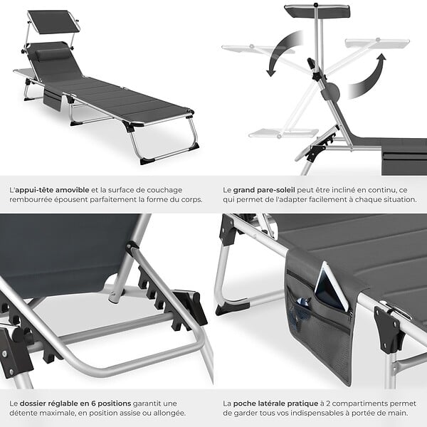 TECTAKE - Chaise longue en aluminium rembourrée pliable avec l'accent dossier réglable en 6 positions et poche latérale gris - large