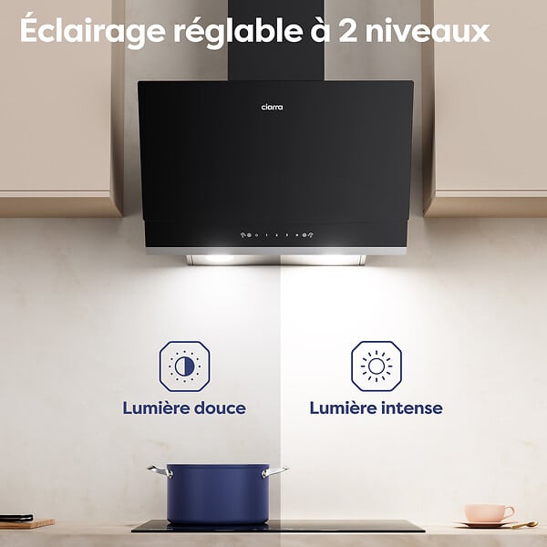 CIARRA - CIARRA Hotte inclinée 60cm - 3 Vitesses 710m³/h - Hotte de Cuisine Recyclage ou Evacuation Filtre Charbon Inclus - Commande Tactile et Gestuelle - CD6736AB - large