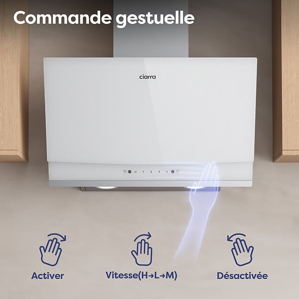 CIARRA - CIARRA Hotte inclinée 60cm - 3 Vitesses 710m³/h - Hotte de Cuisine Recyclage ou Evacuation Filtre Charbon Inclus - Commande Tactile et Gestuelle - CD6736AW - large