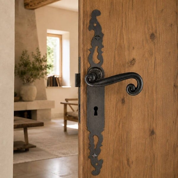 SECURY-T - Poignées de porte fer forgé COQ vieil argent 330X36 mm Trou de clé L - large
