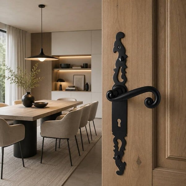 SECURY-T - Poignées de porte fer forgé COQ noir 330X36 mm Trou de clé L - large
