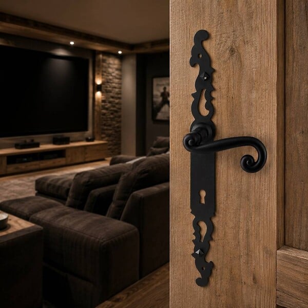 SECURY-T - Poignées de porte fer forgé COQ noir 330X36 mm Trou de clé L - large