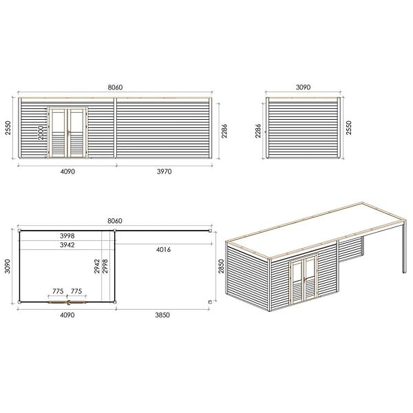 ALTANKA - Abri de jardin en bois Nova 8.06x3.09m - 24.91m2 - Ep. 28mm - Traité - 000485 - large