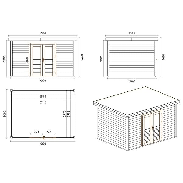 ALTANKA - Abri de jardin en bois Freya 4.09x3.09m - 12.64m2 - Ep. 28mm - Traité - 000467 - large
