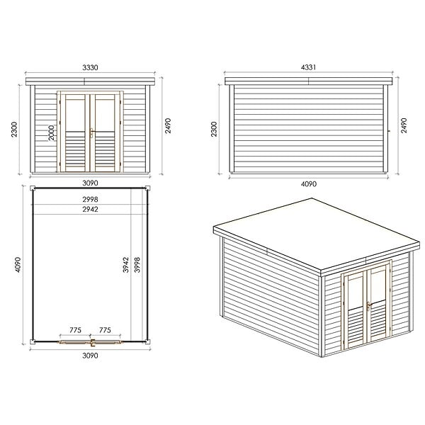 ALTANKA - Abri de jardin en bois Aura 3.09x4.09m - 12.64m2 - Ep. 28mm - Traité - 000466 - large