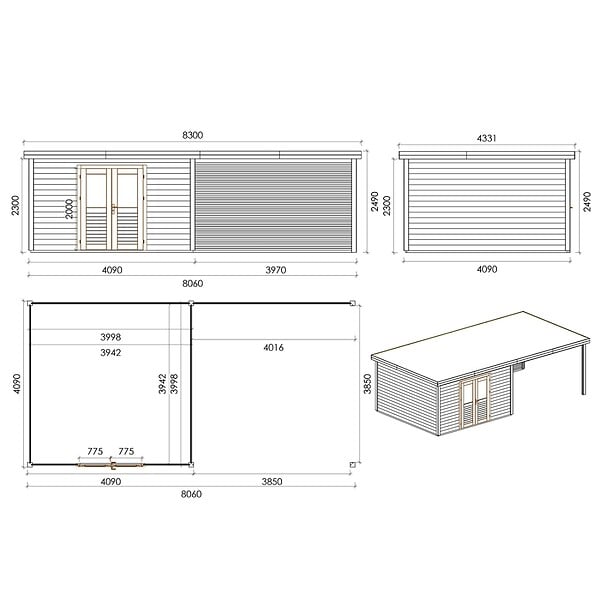 ALTANKA - Abri de jardin en bois Freya 8.06x4.09m - 32.96m2 - Ep. 28mm - Traité - 000475 - large