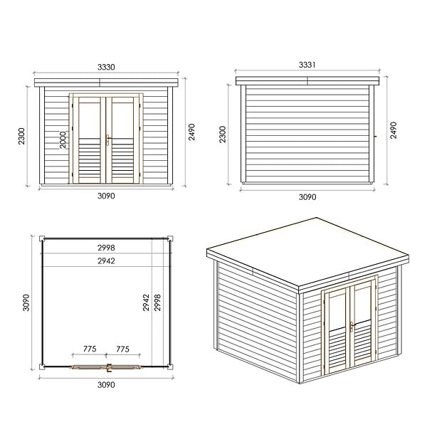 ALTANKA - Abri de jardin en bois Aura 3.09x3.09m - 9.55m2 - Ep. 28mm - Traité - 000465 - large
