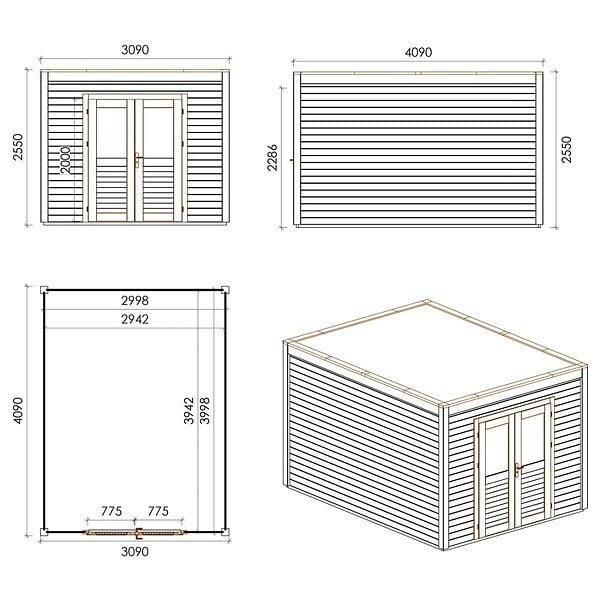 ALTANKA - Abri de jardin en bois Sora 3.09x4.09m - 12.64m2 - Ep. 28mm - Traité - 000477 - large