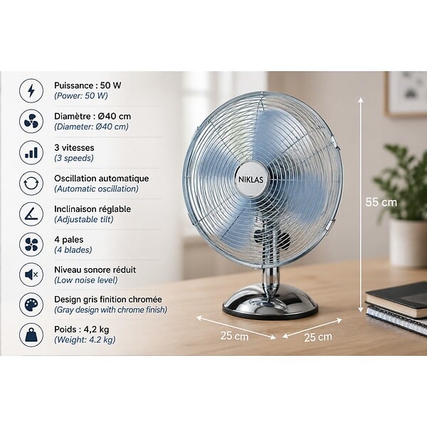 NIKLAS - Ventilateur sur table 50W Gris finition chromée Ø40cm Oscillation Automatique Inclinaison Réglable 3 Vitesses Niklas - large