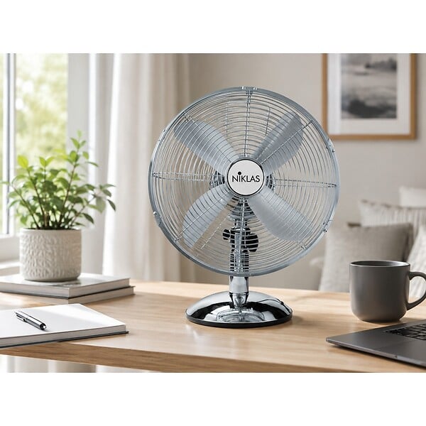 NIKLAS - Ventilateur sur table 50W Gris finition chromée Ø40cm Oscillation Automatique Inclinaison Réglable 3 Vitesses Niklas - large