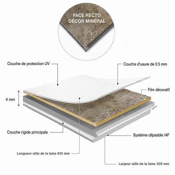 MCCOVER - Dalle SPC clipsable sol et mur 11,16 m² béton ciré - 305 x 610 mm, usure 0,5 mm Béton ciré - large