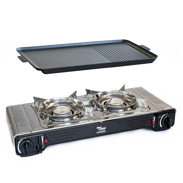 ALPENTECH - Plaque Plancha Grill 53 x 28 cm pour Réchaud Gaz 2 Feux Surface Lisse et Rainurée Plaque Cuisson Aluminium ALPEN CAMPING - large