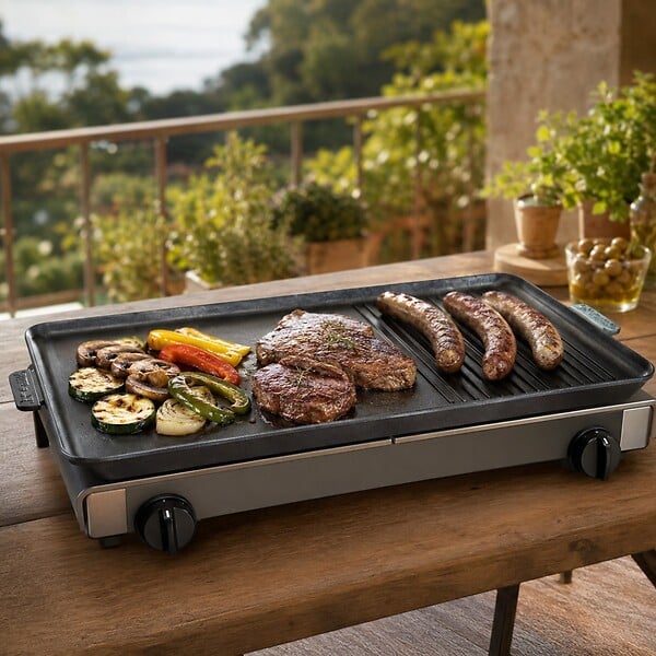 ALPENTECH - Plaque Plancha Grill 53 x 28 cm pour Réchaud Gaz 2 Feux Surface Lisse et Rainurée Plaque Cuisson Aluminium ALPEN CAMPING - large