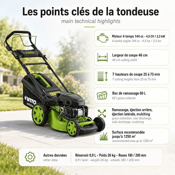 VITO - Tondeuse à gazon Thermique 5.5 CV 190cc Moteur 4T Essence Coupe 51cm Bac 60L Mulching 7 hauteurs 25 à 75mm Entretien Jardin VITO - large