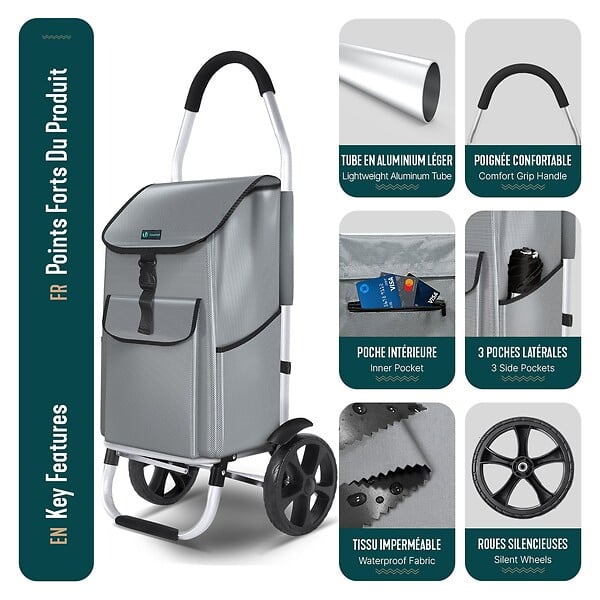 VOUNOT - Chariot de course pliable aluminium 2 roues gris - large